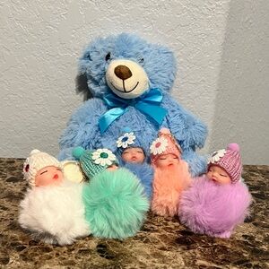 Easter Gift Bundle Teddy Bear & 5 Colorful Sleeping Baby Dolls Keychains NWOT